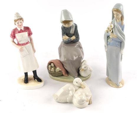 Seven Lladro porcelain figures of girls, in various attitudes, some with geese, lambs and flowers, together with a Nao model 