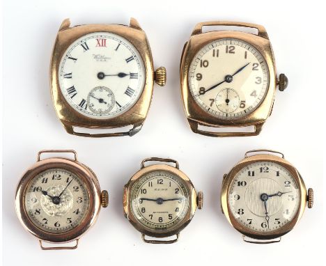 A group of five watches, including a Waltham gentleman's wristwatch, the white enamel dial with Roman numeral hour markers, s