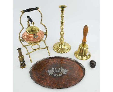 A group of brass and copper collectables including ; a late 18th century brass warming pan, 105cm, a 19th century brass candl