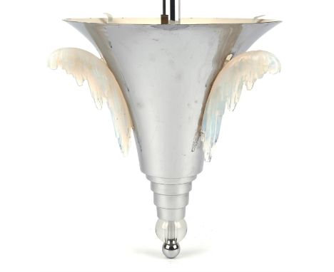 Unknown designer, a chromed metal and glass pendant light, with applied frosted glass mounts, 79cm high 