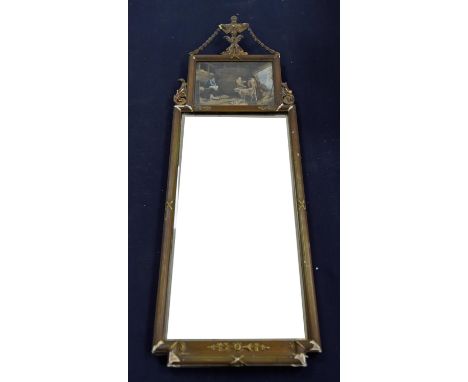 An Empire style gilt composite rectangular wall mirror with urn and swag cresting, height 117cm, width 61.5cm and one further