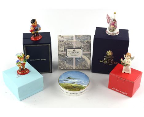 A quantity of modern porcelain figures and figure groups including ; Halcyon Days (x4), Royal Worcester candle snuffers (x3),