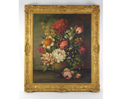 Jan van Hoosen (20th century), Flowerpiece, oil on canvas, signed lower left, 60 x 50cm. FramedCondition Report:  Needs a lig
