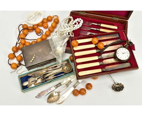 A BOX OF MISCELLANEOUS ITEMS, to include a silver pair cased pocket watch, white dial, Roman numerals, within a plain polishe