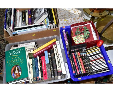 THREE BOXES OF BOOKS, CD'S AND DVD'S etc, book subjects include Biographies, Auto Biographies, Art, History and modern Fictio