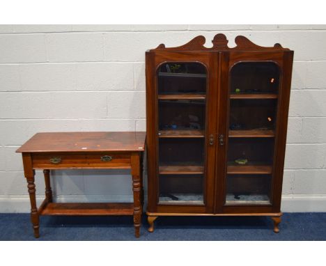 AN EDWARDIAN STAINED SATINWOOD SIDE TABLE with a single long drawer, width 91.5cm x depth 46cm x height 73cm together with an