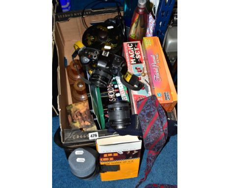 A BOX OF COLLECTABLES, LAVA LAMPS, etc, including a pair of David Linley walnut dwarf candlesticks, an Yves Saint Laurent tie