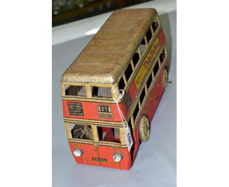 AN UNBOXED BETAL PRE-WAR TINPLATE CLOCKWORK A.E.C. Q TYPE DOUBLE DECKER BUS, in red livery with cream window surrounds and ro