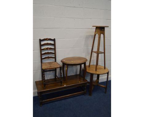 AN OAK COFFEE TABLE, together with a circular oak occasional table united by a cross stretcher, another occasional table, oak