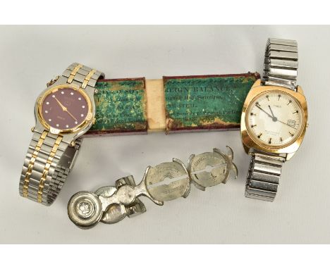TWO GENTS WRISTWATCHES AND A PAIR OF SOVEREIGN SCALES, to include a 'Timex' gold coloured dial, baton markers, black hands, f