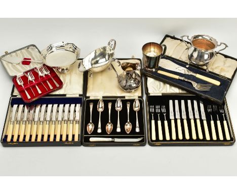 TWO BOXES OF METALWARE, to include five cased sets of cutlery, such as a set of twelve plastic handled stainless steel knives