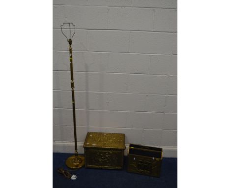 A BRASS SLIPPER BOX, brass magazine rack and a standard lamp (3)