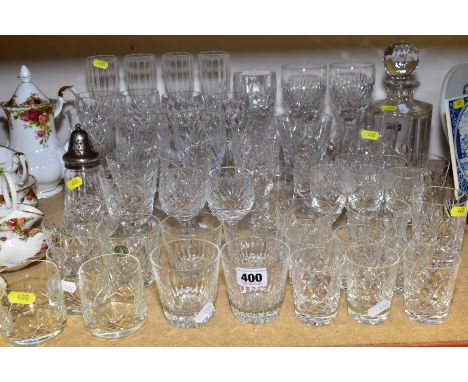 A COLLECTION OF DRINKING GLASSES ETC, including a Stuart Crystal sugar caster, Georgian Crystal Tutbury Ltd tumblers, a Galwa