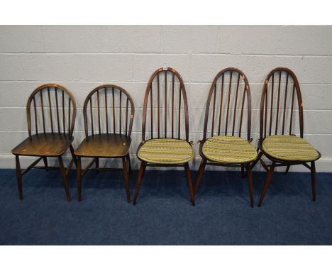 THREE ERCOL DARK ELM QUAKER WINDSOR CHAIR'S together with two Windsor kitchen chairs (5)