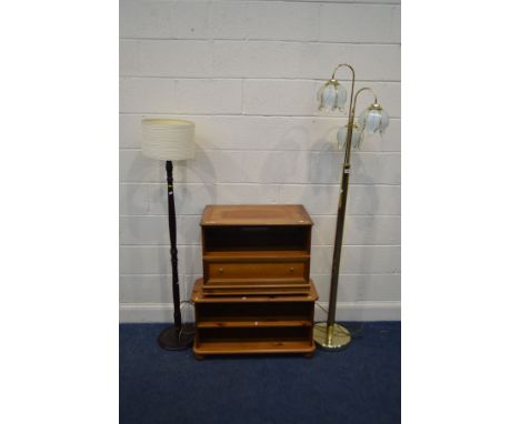 A PINE TV STAND, together with a teak TV stand with a single drawer, a brassed triple branch standard lamp with glass shades,