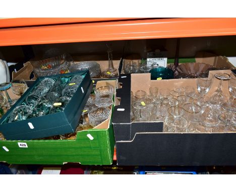 FOUR BOXES OF GLASSWARE, including a boxed set of three hi-ball and three brandy glasses, assorted moulded glass fruit bowls 