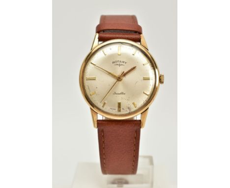 A GENTS 9CT GOLD ROTARY WRISTWATCH, silver dial, gold coloured baton  markers and hands, dial signed 'Rotary Incabloc', appro