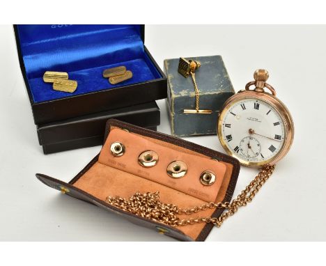 A COLLECTION OF GENT'S JEWELLERY ITEMS, to include a mid twentieth century 9ct gold dress studs together in associated leathe