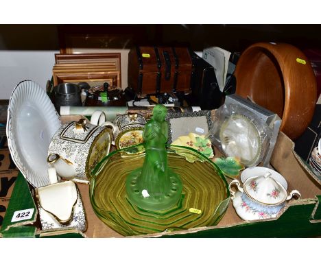 TWO BOXES AND LOOSE CERAMICS, GLASSWARE, TREEN, ETC, including a Paragon 'Bridesmaid' sugar bowl and cover, a large wooden fr