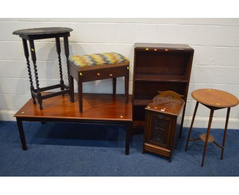 AN EDWARDIAN ART NOUVEAU MAHOGANY PURDONIUM, together with a circular oak occasional table, barley twist table, modern mahoga