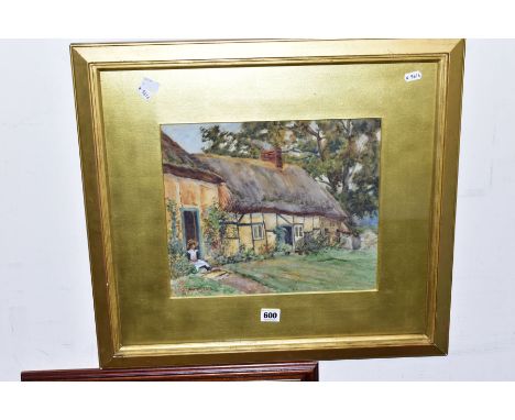 J. R. WARBURTON (20TH CENTURY) an early 20th Century watercolour depicting a female figure sitting on a step of a thatched co