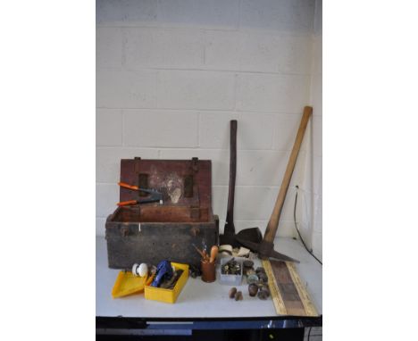 A VINTAGE WOODEN 'AMMO' BOX containing hand tools, veneers, period door handles, etc