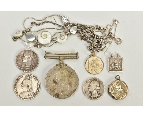 A SELECTION OF NECKLACES, COINS AND PENDANTS, to include four white metal necklaces such as a pear cut cubic zirconia drop pe