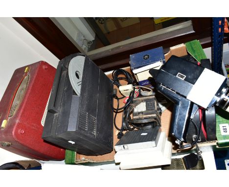 A BOX OF FILM AND CAMERA EQUIPMENT, including a cased Chinon movie camera, a projector screen, Ferguson reel to reel tape rec