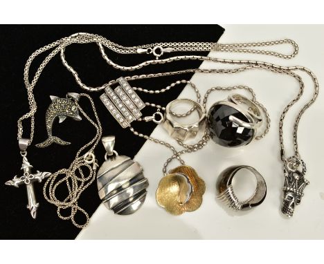 A SELECTION OF WHITE METAL JEWELLERY, to include four pendant necklaces, such as a marcasite dolphin pendant, stamped 925, su