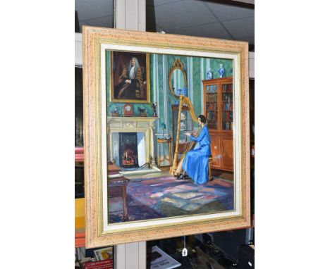 MARIE-LOUISE ROOSEVELT PIERREPONT - COUNTESS MANVERS (1889-1984), a female figure playing a harp in a formal interior room se