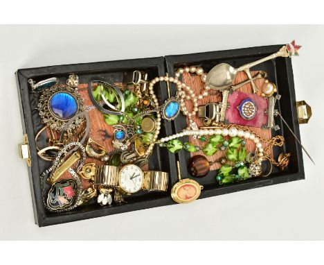 A BOX OF COSTUME JEWELLERY, to include eleven pairs of pierced and non-pierced earrings, a white metal, blue enamel pendant n