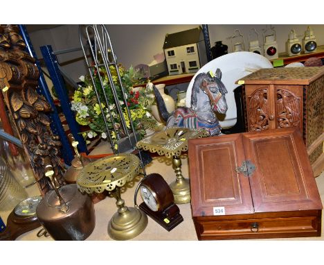 A GROUP OF METALWARES AND TREEN, ETC, including two copper kettles, two brass trivets, a reproduction stationery box, an oak 