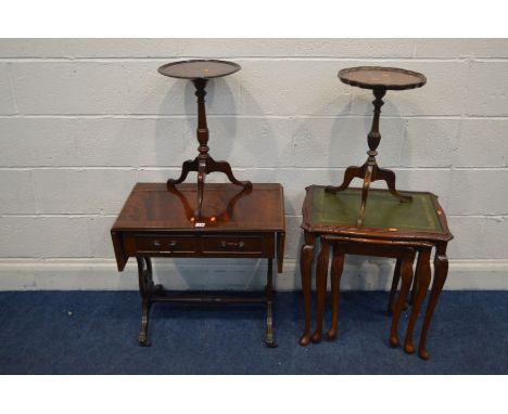 A MAHOGANY SOFA TABLE, with two drawers, together with a mahogany nest of three table and two various wine tables (4)