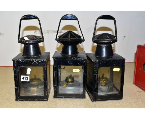 A G POLKEY OF BIRMINGHAM RAILWAY LAMP, with two similar lamps embossed with the B.R. double arrow emblem, all three complete 
