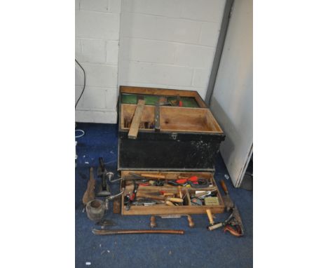 A CARPENTERS TOOLBOX including a Record No. 4 1/2 plane, Marples hatchets and other, Stanley Spoke Shave, bit and brace, clam