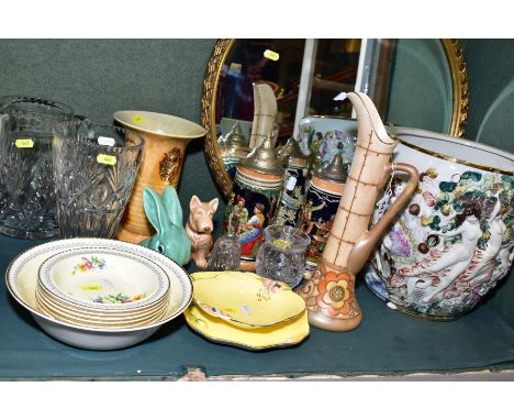 A CIRCULAR GILT FRAMED MIRROR AND A GROUP OF CERAMICS AND GLASSWARE, including a Bursley Ware Charlotte Rhead ewer, the base 