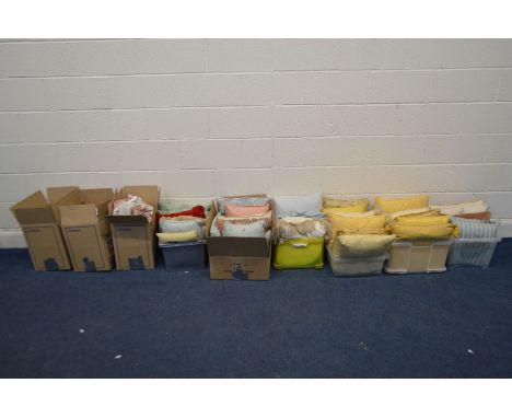 NINE VARIOUS BOXES, containing cushions of different colours and sizes, and various curtains