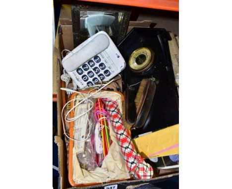 A BOX OF SUNDRY ITEMS, to include a bag of knitting needles, telephone with large buttons, barometer in wooden surround, beve