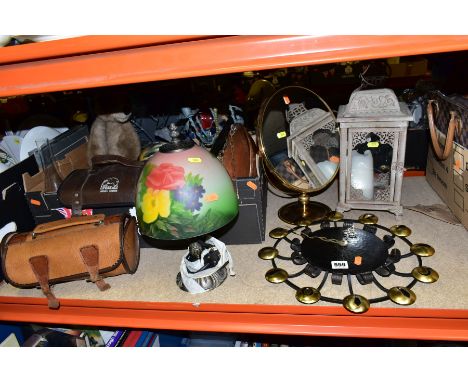 A BOX AND LOOSE CASED CROWN GREEN BOWLING BALLS, etc, an Edwardian style table lamp with floral glass shade, a large brass fr