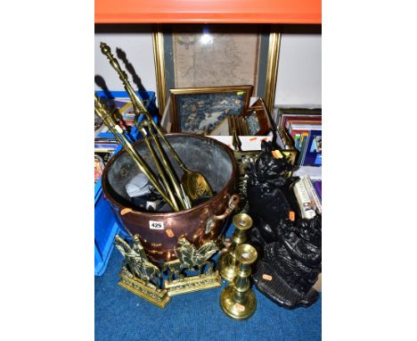 A QUANTITY OF BRASS, COPPER, TWO CAST IRON DOOR STOPS, AND A BOX OF LE BLOND PRINTS,ETC, including a pair of brass fireside o