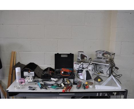 A METAL TOOLBOX AND A BOX CONTAINING TOOLS, including a Performance 1/2 sheet sander, a performance ORIBITAL Sander, Morphy R