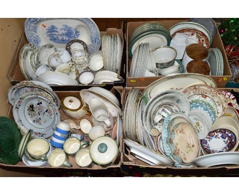 FOUR BOXES OF 19TH CENTURY AND LATER CERAMICS, to include blue and white meat platter with well, stamped 'Albion', Crescent c