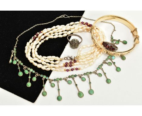 A SELECTION OF JEWELLERY, to include a multi strand cultured pearl and garnet bead necklace, fitted with a white metal lobste