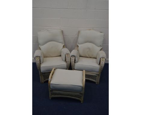 A CONSERVATORY THREE PIECE SUITE, with cream cushions, comprising two armchairs and a pouffe (sd) (3)