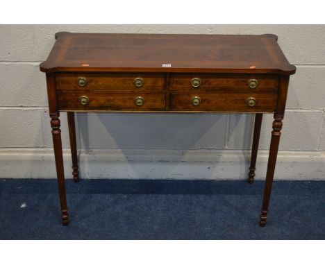 A REPRODUCTION BURR WALNUT AND CROSSBANDED SIDE TABLE with four drawers, width 96cm x depth 43cm x height 77cm