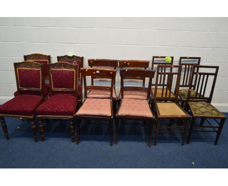 FOUR VICTORIAN MAHOGANY SABRE LEG CHAIRS, together with four Edwardian dining chairs and two pairs of Edwardian and inlaid ch