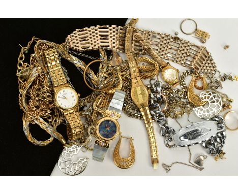 A SELECTION OF COSTUME JEWELLERY, to include four ladies wristwatches of various designs such as an opal mosaic dial, dial si