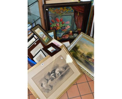 PICTURES AND PRINTS ETC, to include a late Victorian charcoal sketch of two King Charles Spaniels, no visible signature, appr