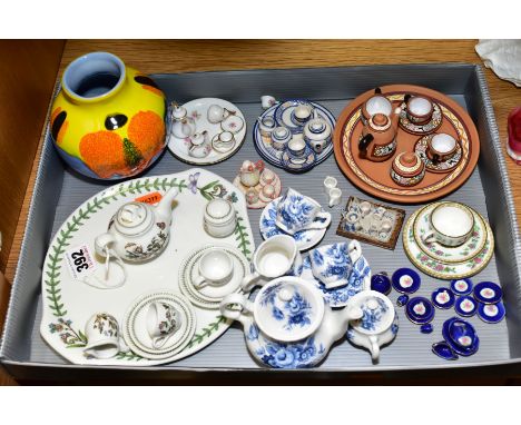 A BOX OF MINIATURE TEA SETS AND A POOLE POTTERY VASE, including a miniature Portmeirion Botanic Garden tea for two set on tra