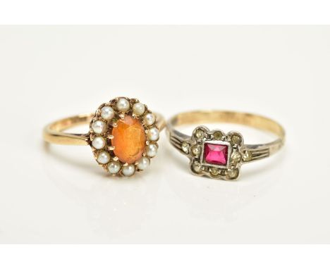 TWO CLUSTER RINGS, the first designed with a central oval cut orange stone assessed as citrine, within a seed pearl surround,